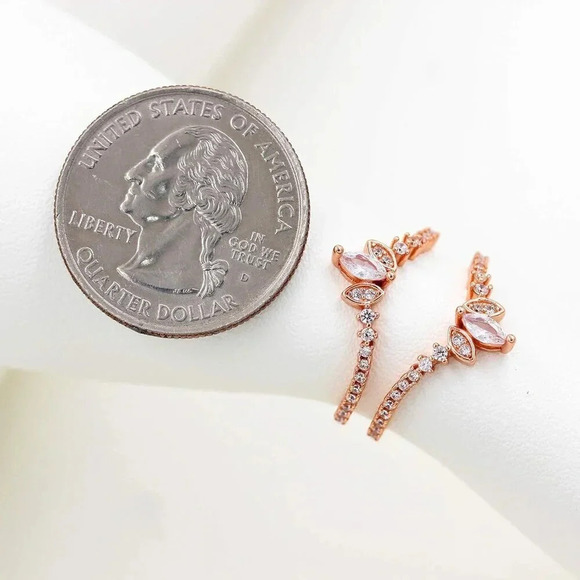 Women's 925 Sterling Silver  Marquise Cut CZ Stack Rings Set 2pcs Crown Wedding - Picture 7 of 7